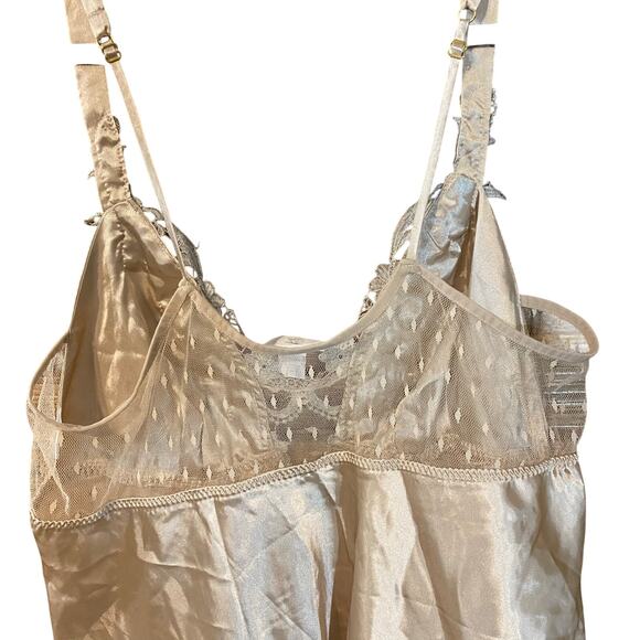 Flora Satin Chemise Slip Dress XL Champagne Silver Lace Sheer Mesh Back - Picture 6 of 8
